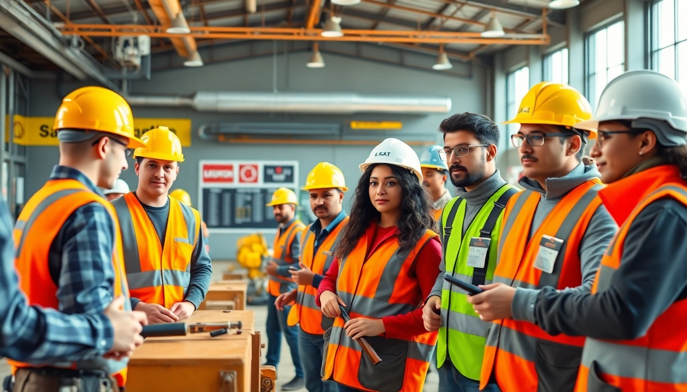 Engaged individuals in construction training programs working with tools in a bright setting.