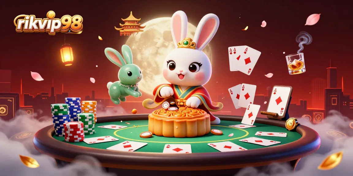 Win big at rikvip98 with a moon rabbit pounding mooncakes revealing poker chips in a rich casino scene