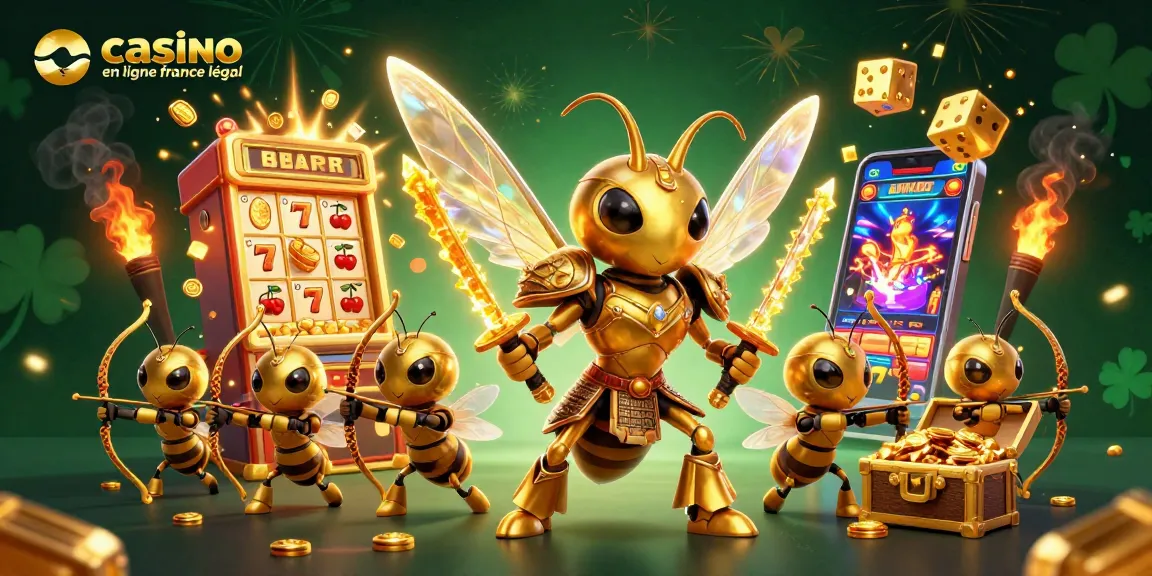 Illustration dynamique d'un casino en ligne France légal avec un hornet doré samouraï entouré de jeux de hasard.