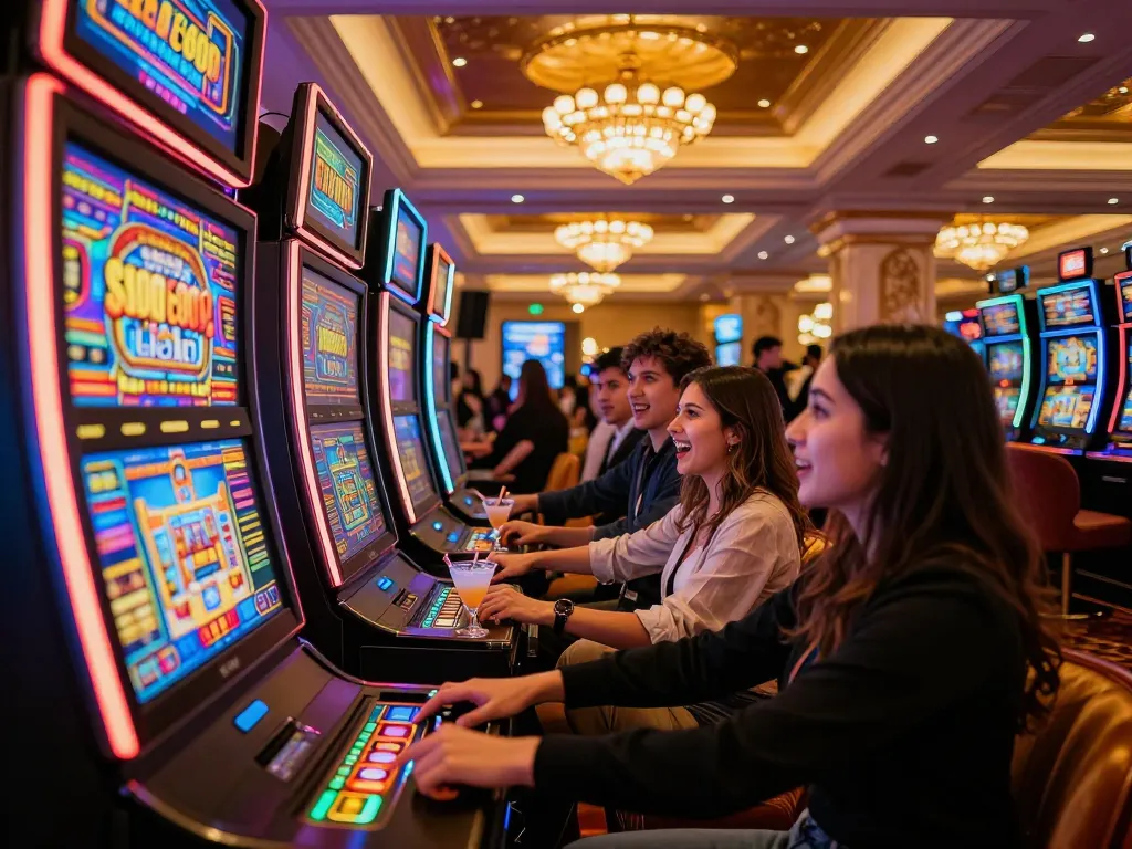 Players spinning jackpots at SLOT6000 Link Gaco slot machines in a luxurious casino.