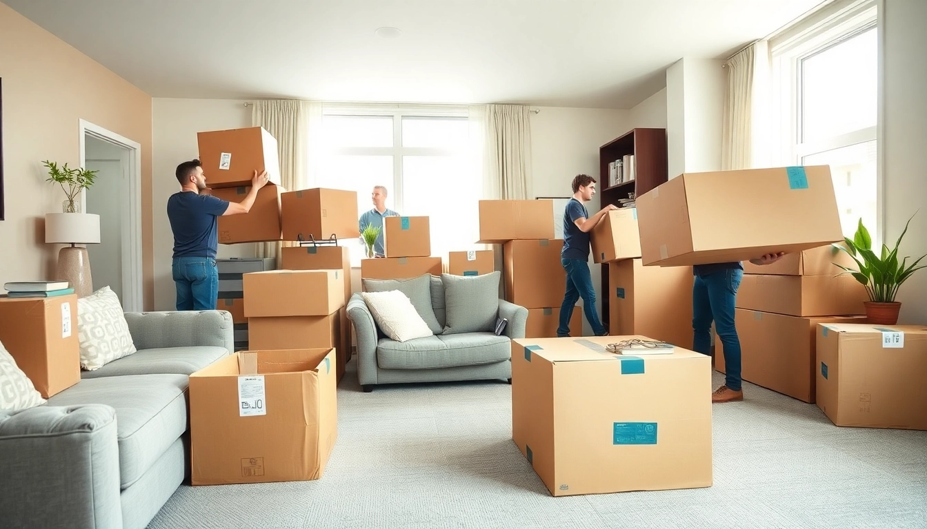 Movers in Boston expertly packing furniture in a modern apartment setting.