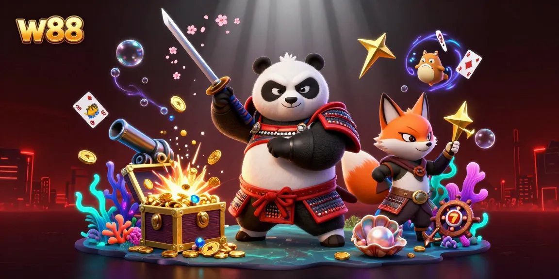 Win big with w88 in this vibrant casino-themed 3D illustration featuring playful characters!