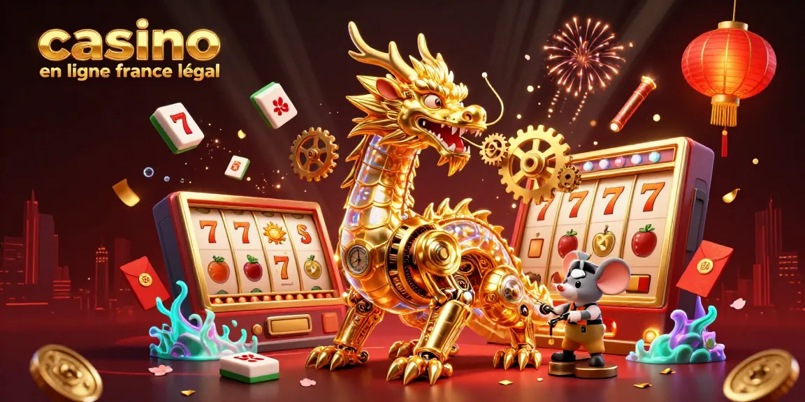 Jouer sur un casino en ligne France légal avec une illustration de dragon mécanique et des éléments de jeu captivants.