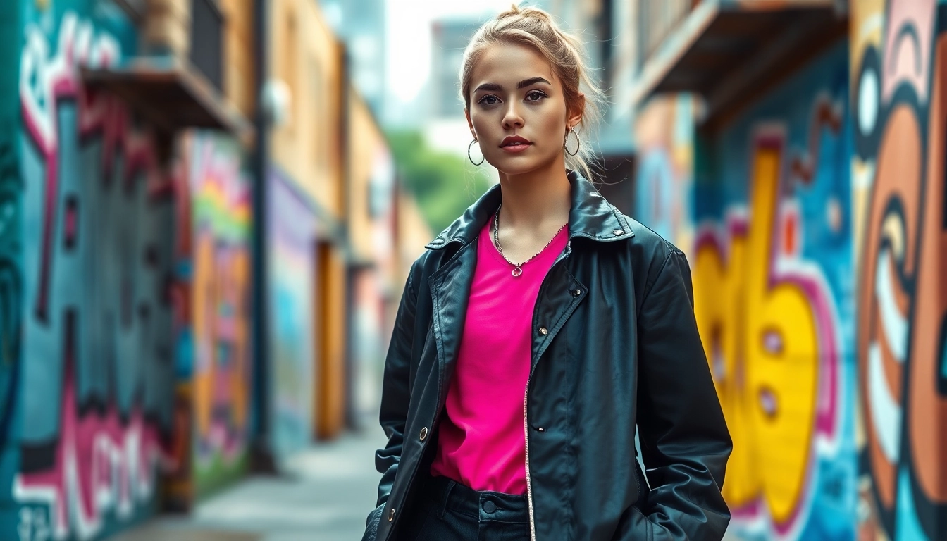 Fashion model presenting trendy urban outfit in a vibrant city background.