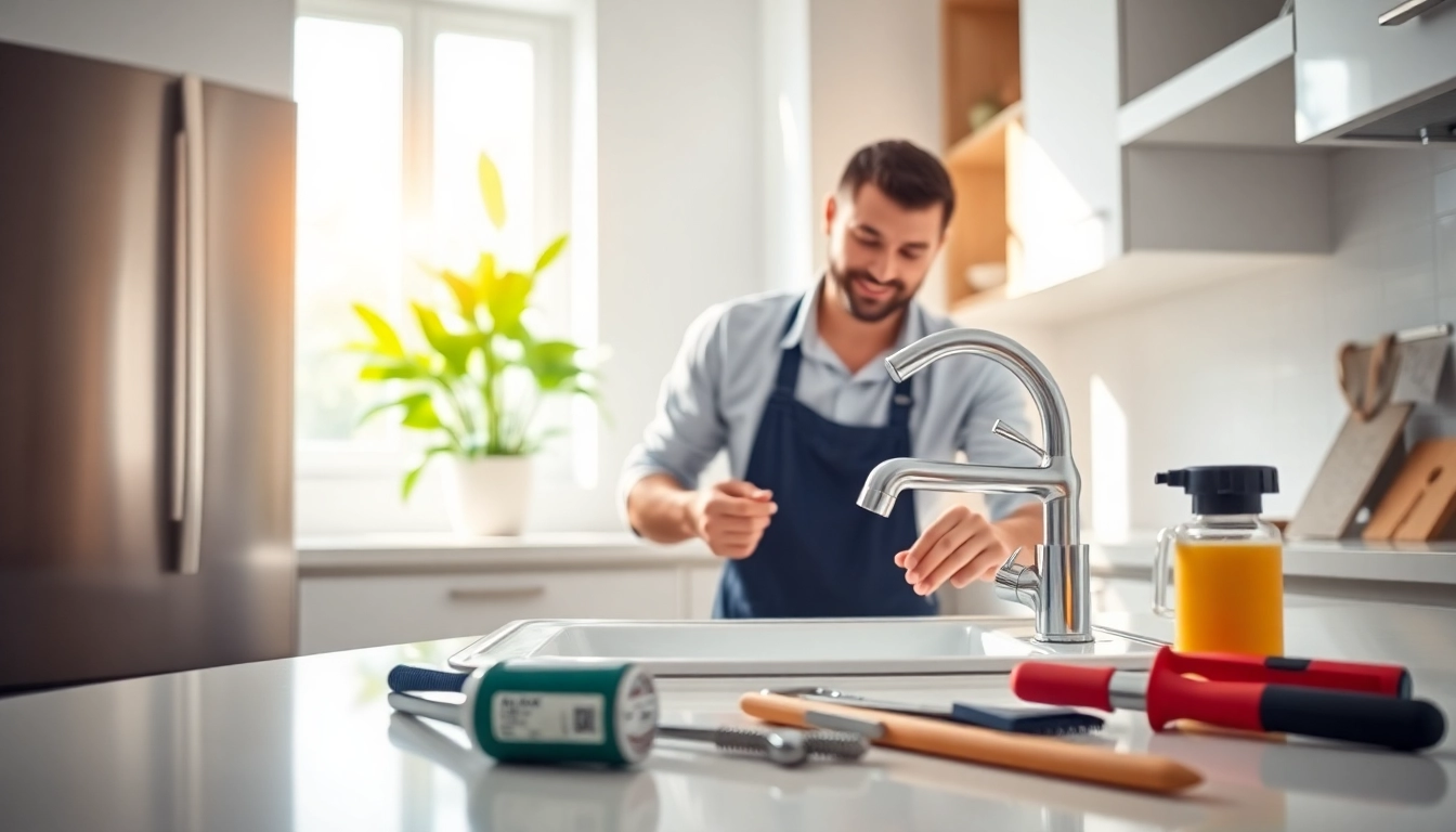 Engaged plumber near me fixing a modern kitchen sink, showcasing expertise and professionalism.