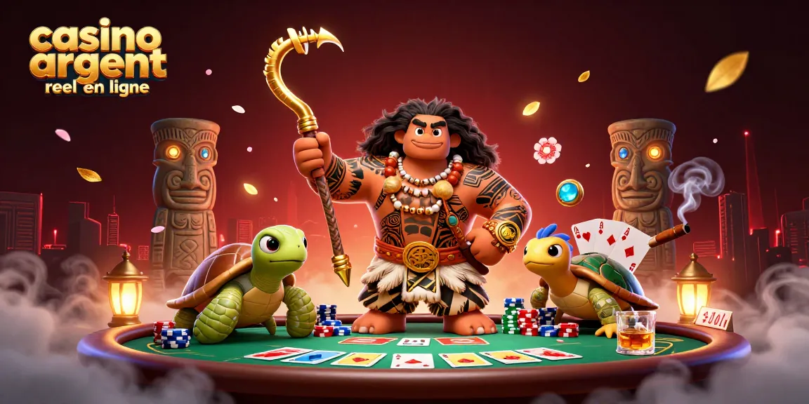 Jouez sur casino argent réel en ligne avec un dieu hawaïen et une tortue mignonne autour de tables de poker.