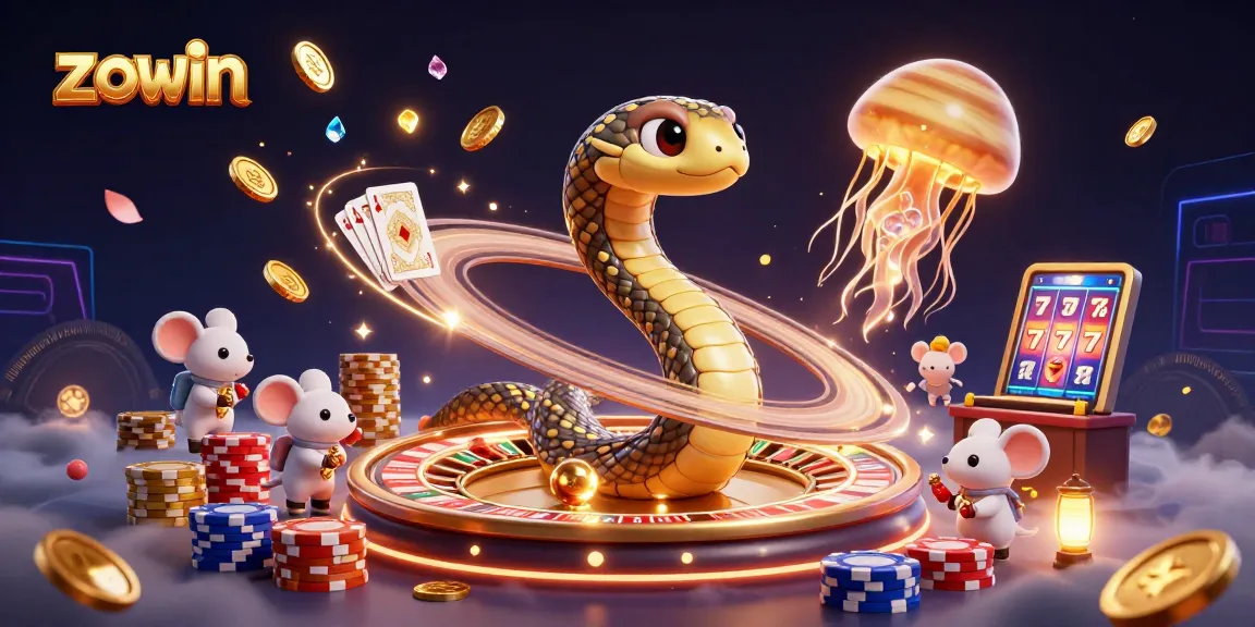 Engage with Zowin's thrilling casino adventures, featuring a cosmic roulette scene with playful elements.