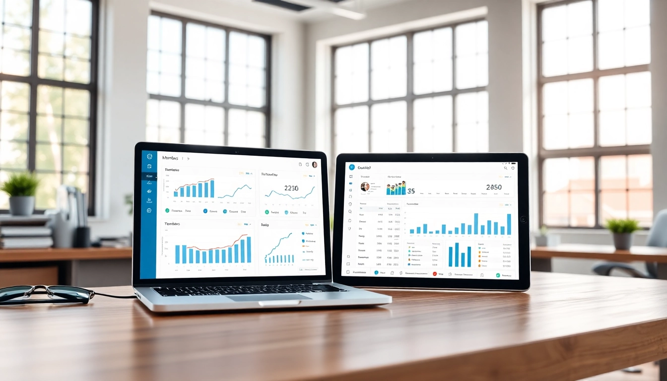 Showcasing online club software on modern devices in a professional workspace for effective management.