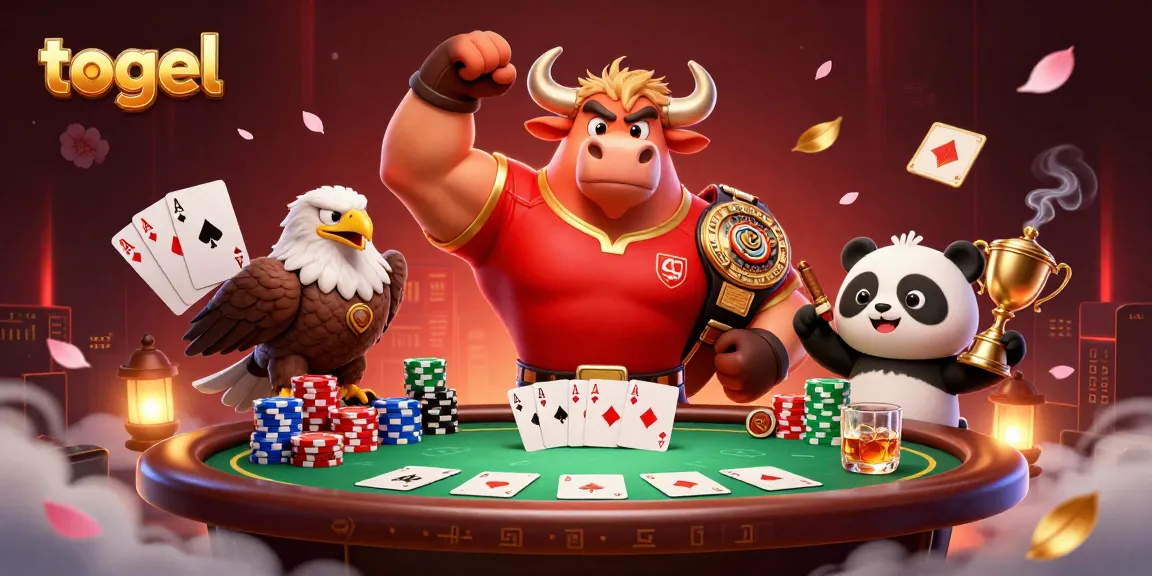 Engage with togel strategies as a bull mascot, eagle, and panda celebrate around a poker table with vibrant gaming elements.