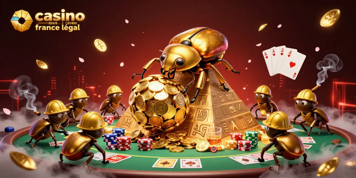 Illustration d'un scarabée doré poussant une boule de pièces, casino en ligne légal en France avec symboles de jeu.