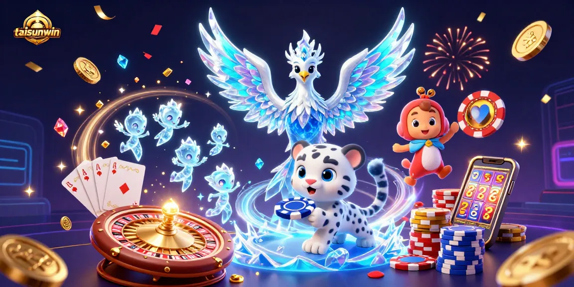 Engage with the magical realm of taisunwin, featuring an ice phoenix and playful creatures amidst casino excitement.