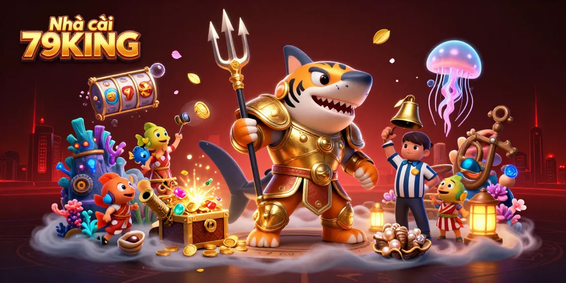 Experience the excitement at Nhà cái 79KING where a ferocious golden gladiator shark battles in an action-packed casino underwater scene.