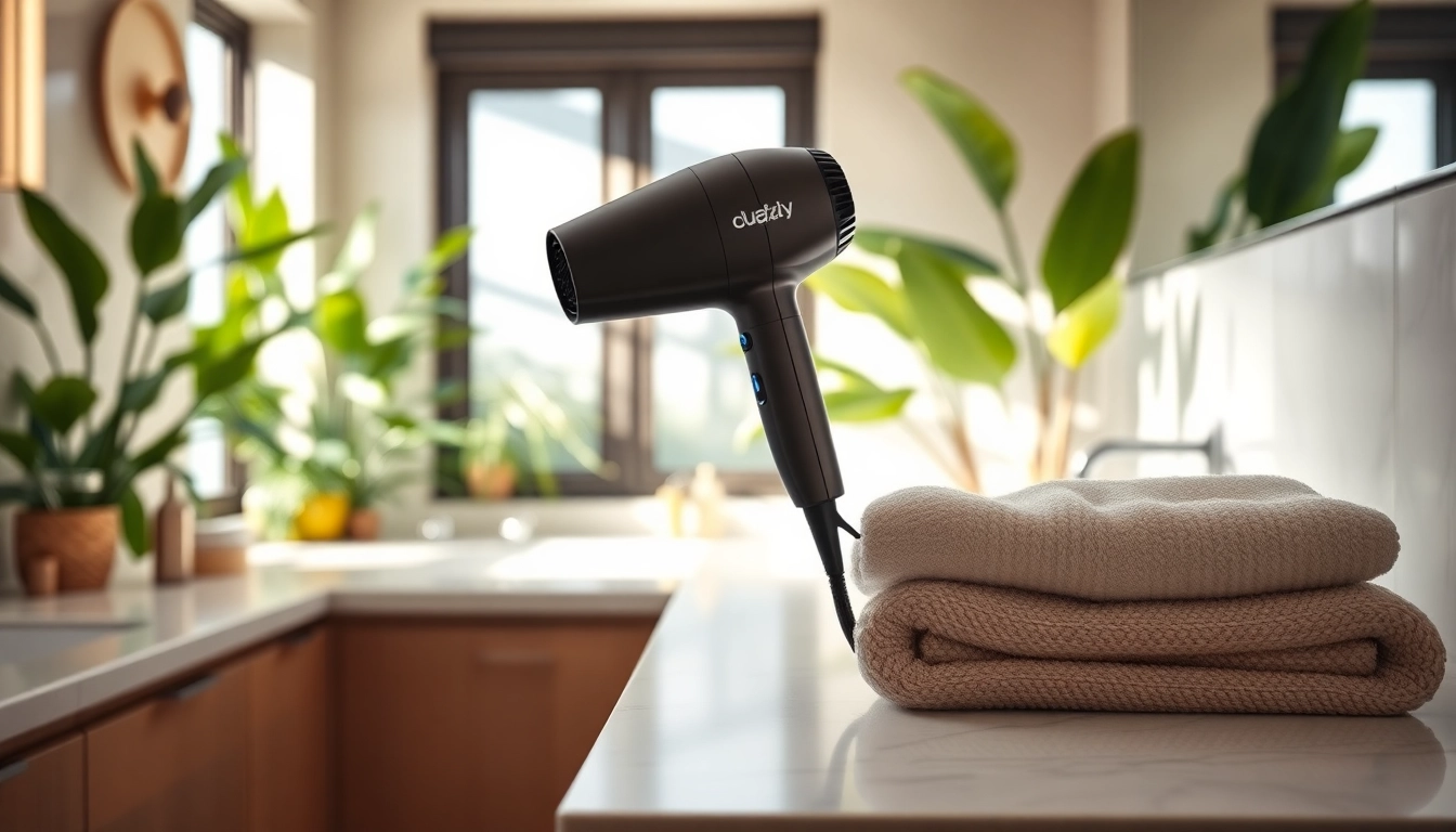 Style your hair effortlessly with a stylish frizzy hair dryer showcased in a relaxing bathroom.