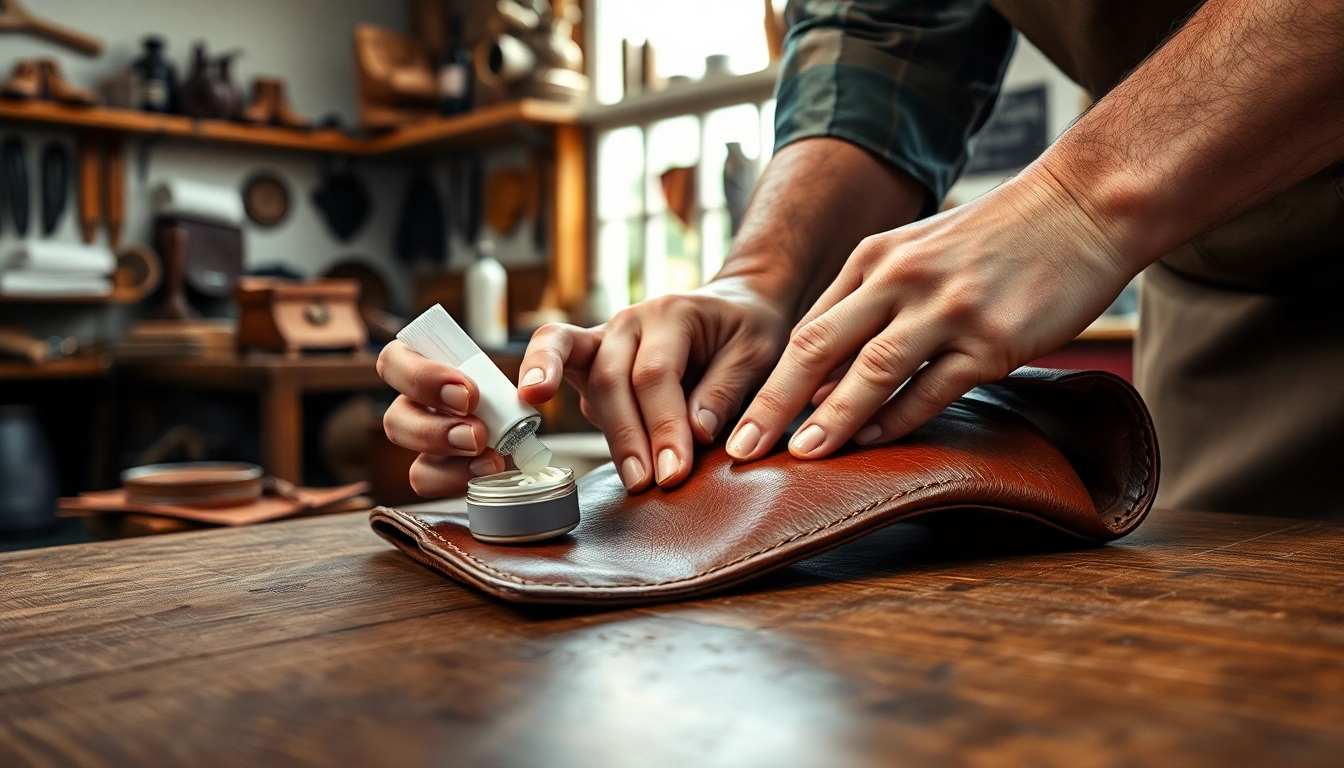 Hands performing museum-grade leather care on vintage leather, showcasing texture and detail.