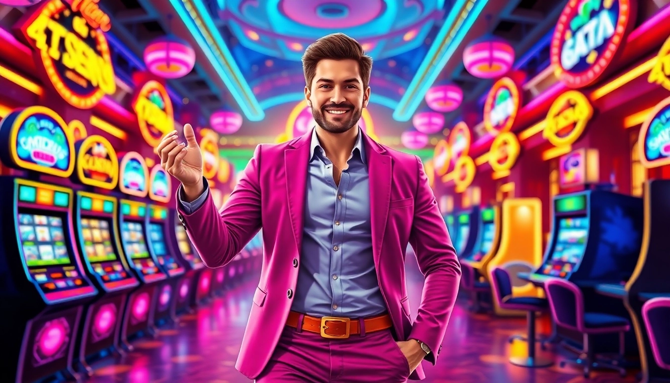 Experience the excitement with Vegas hero in vibrant casino scene filled with colorful gaming elements.