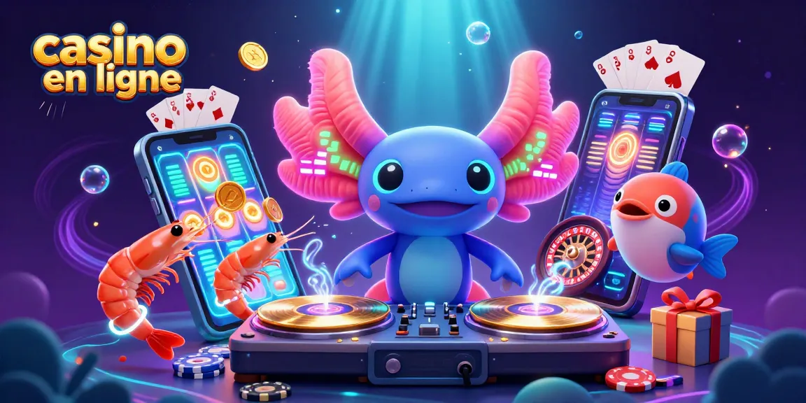 Jouez au casino en ligne avec l'illustration d'un DJ axolotl vibrant entouré de jeux et de gains.