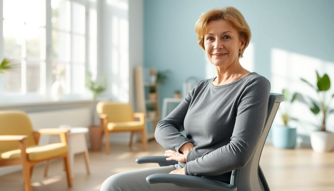 Illustration of a natural back pain solution technique in a calming clinic setting.