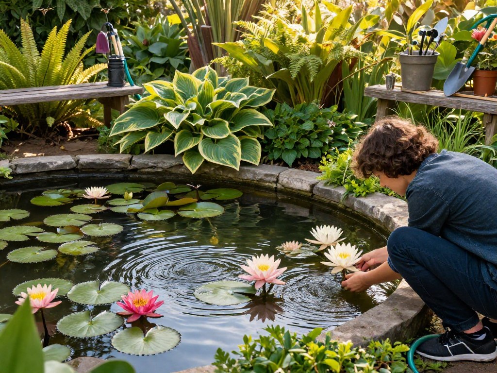 Buy Water Lilies with a vibrant pond scene featuring blooming flowers and lush greenery.
