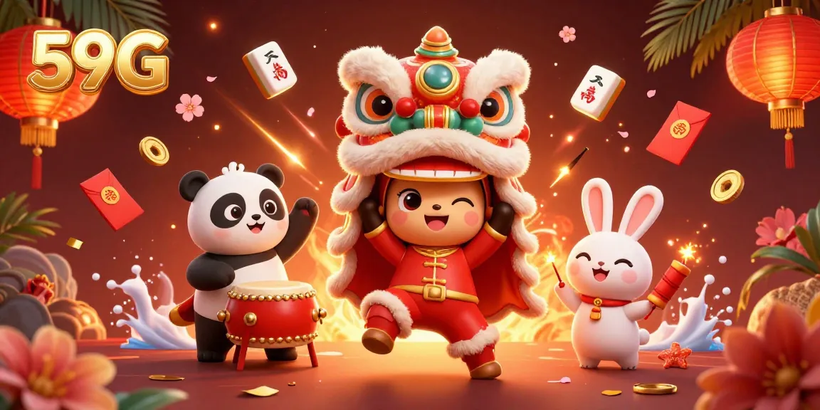 Experience the thrill of 59G with vibrant casino elements and festive characters celebrating