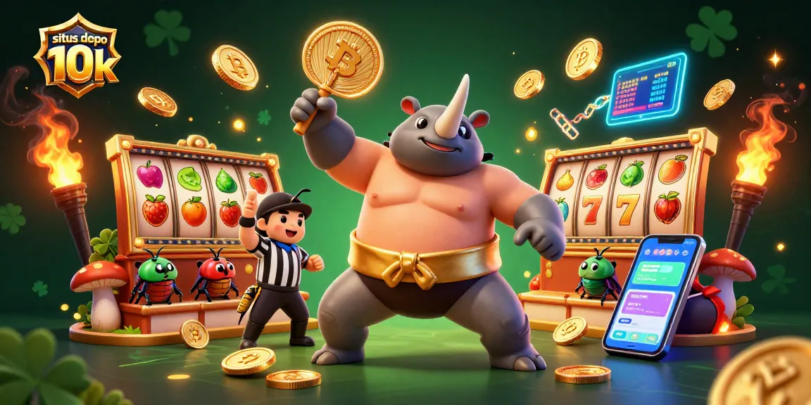 Situs depo 10k showcases a powerful beetle champion celebrating wins with golden coins and slot elements.