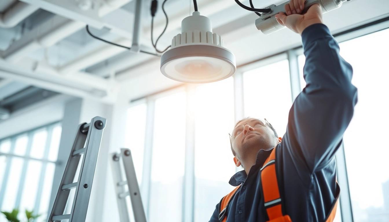 Improving lighting maintenance with a technician inspecting modern fixtures in an office.