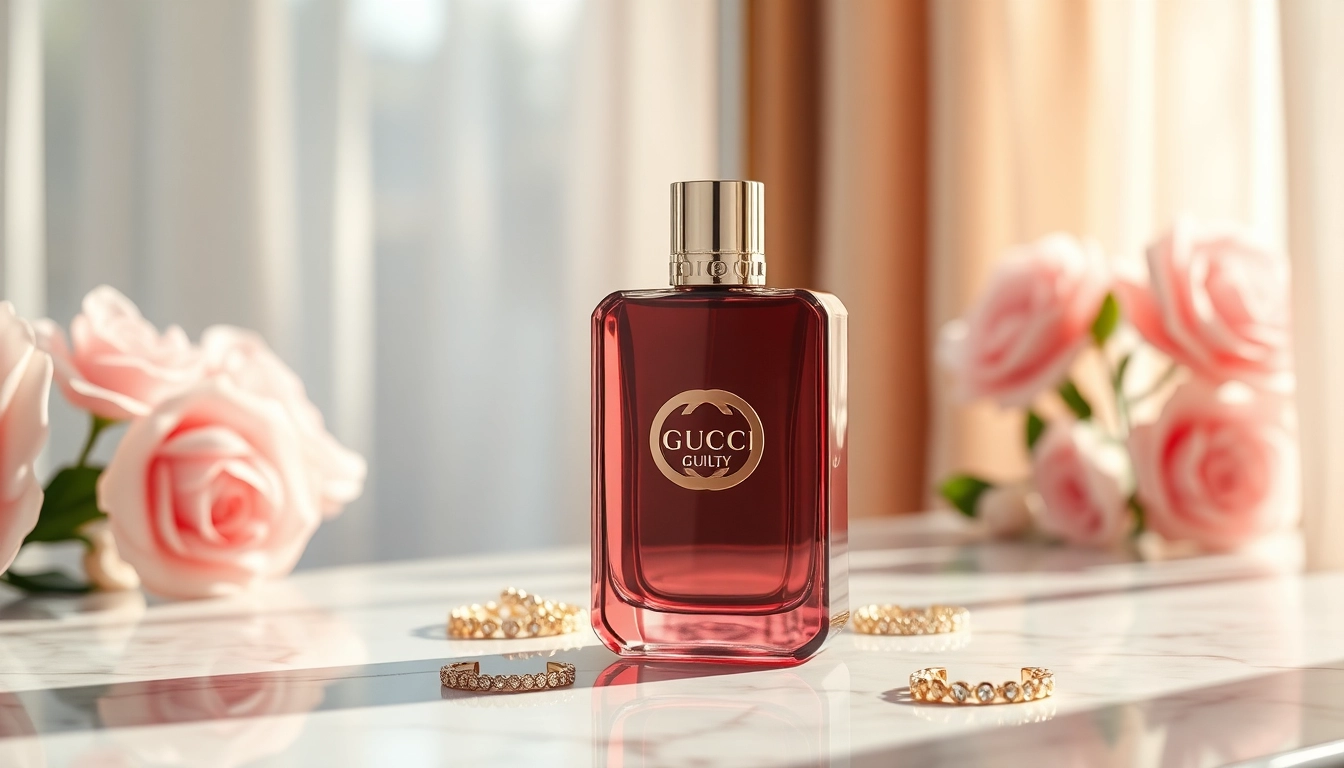 Experience the elegance of Gucci Guilty Superdrug perfume showcased on a chic marble vanity.