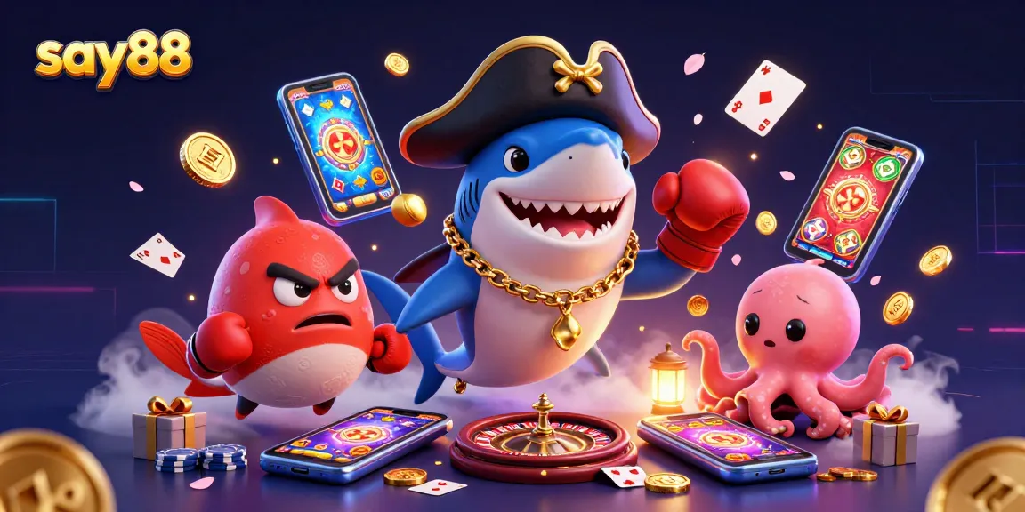 Experience the excitement of say88 with a lively scene of a pirate shark, pufferfish, and octopus amid dynamic casino elements.