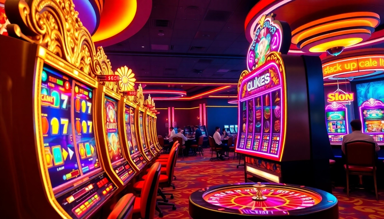 Pemain menikmati permainan slot pulsa yang mendebarkan di kasino mewah.