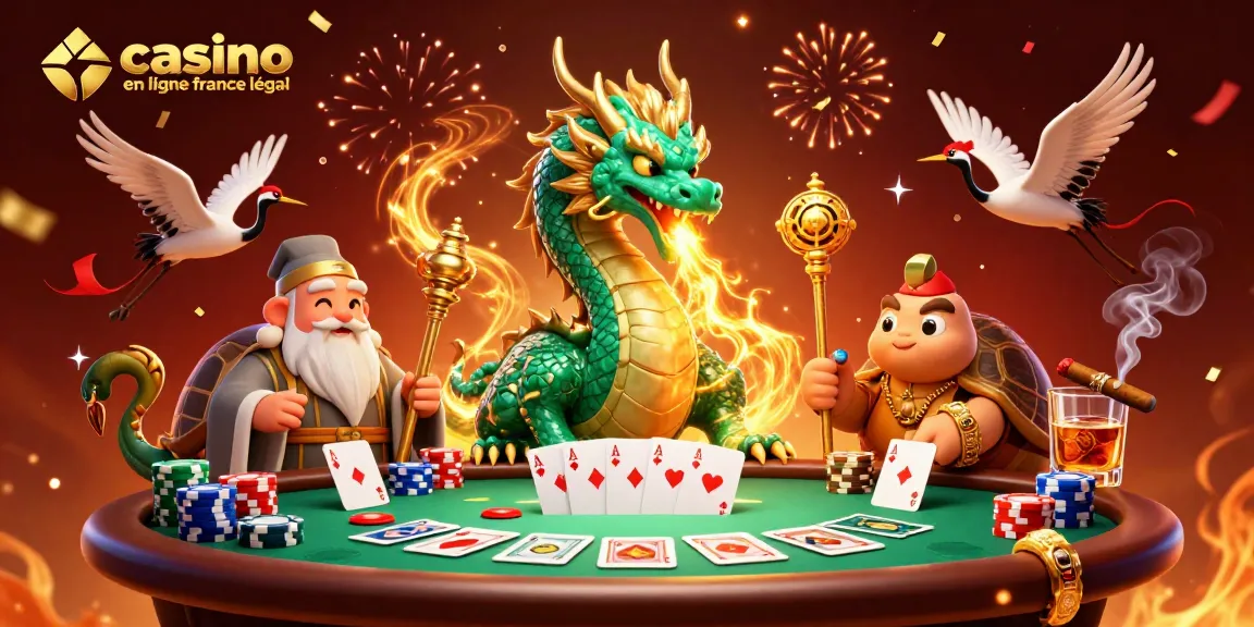 Illustration de casino en ligne France légal, avec dragon, tortue sage et grues chanceuses entourés de jetons et cartes.