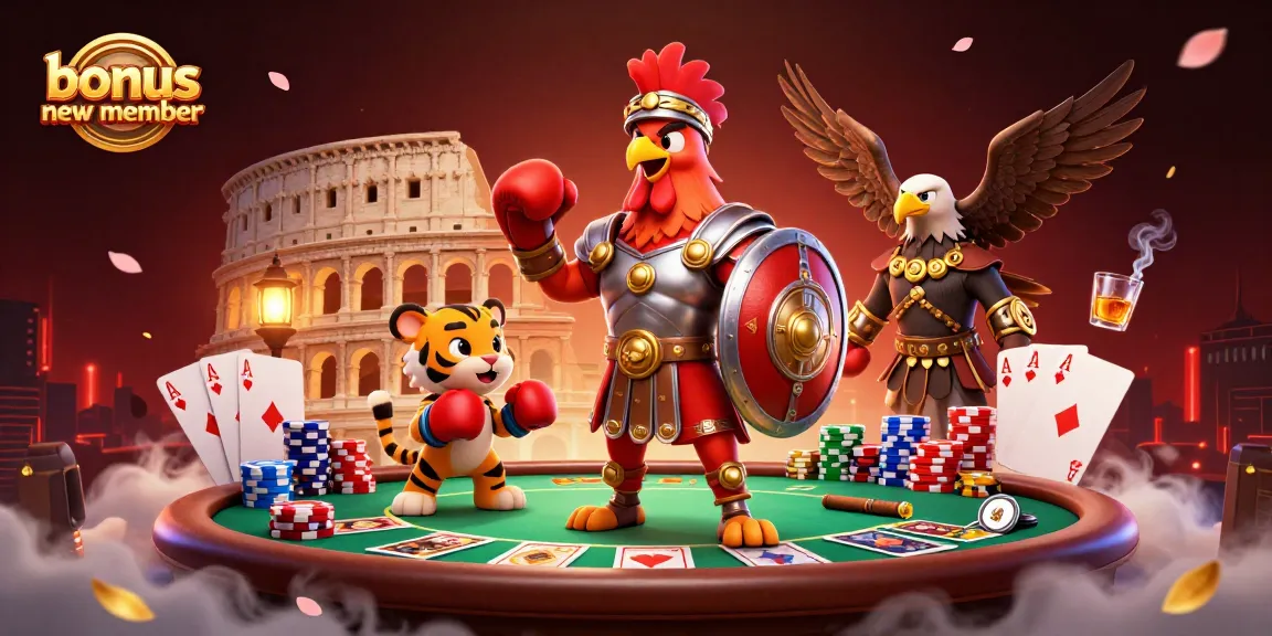 Engage with the bonus new member promotion in a lively casino scene featuring a gladiator rooster and dynamic game elements.