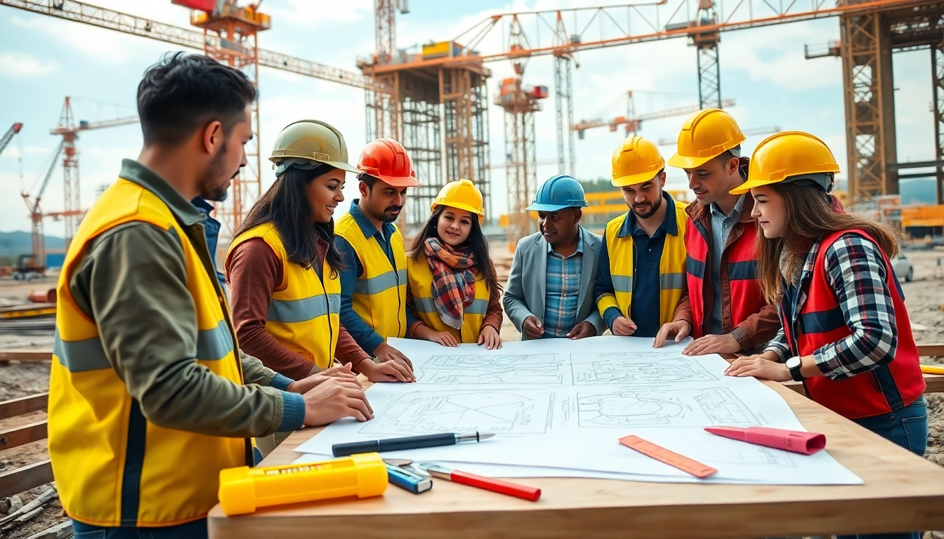 Showcasing construction workforce development team collaborating on plans at a construction site