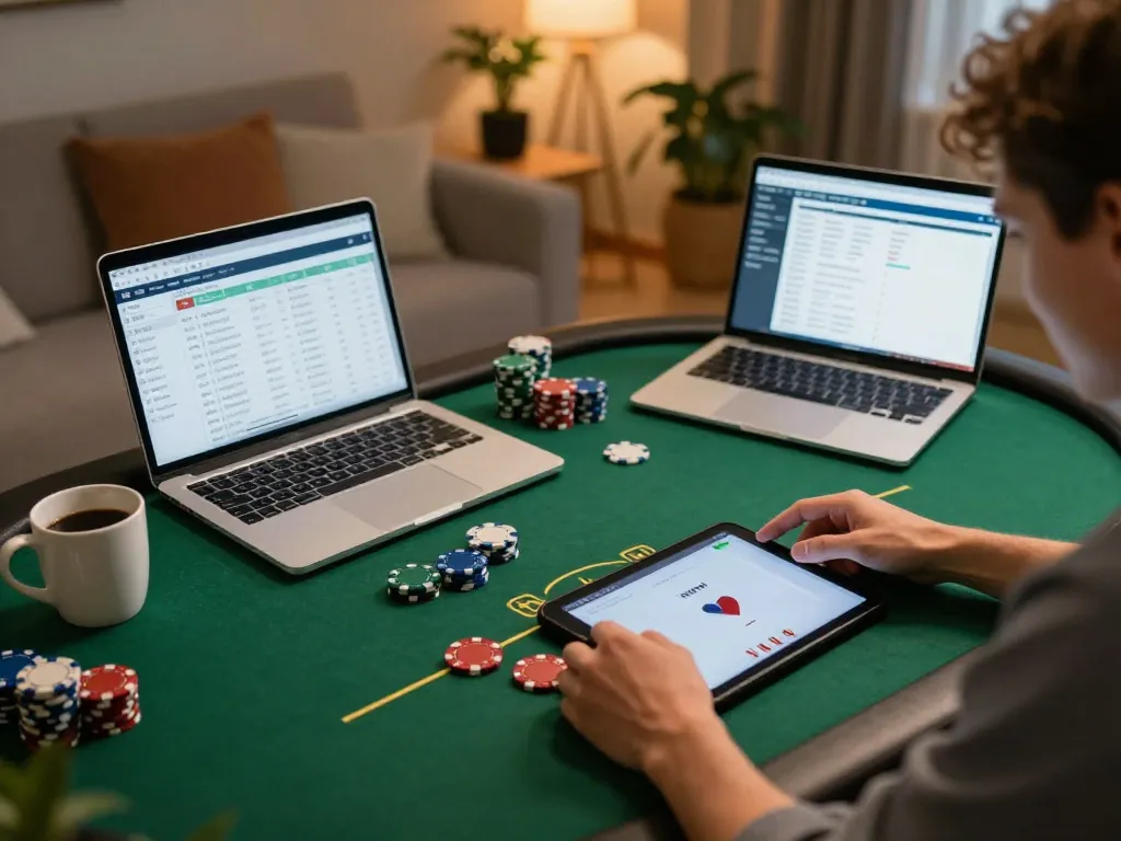 Person playing poker on TG88 online casino app, showcasing an engaging home gaming setup with lively decor.