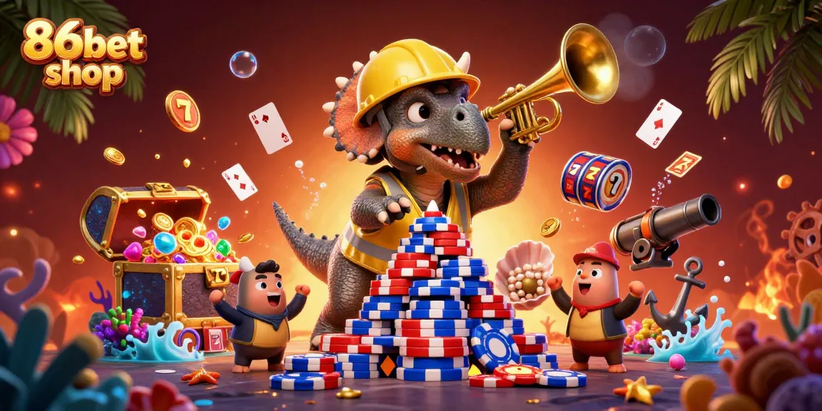 Experience the vibrant excitement of 86bet shop with triceratops building poker chip pyramids.