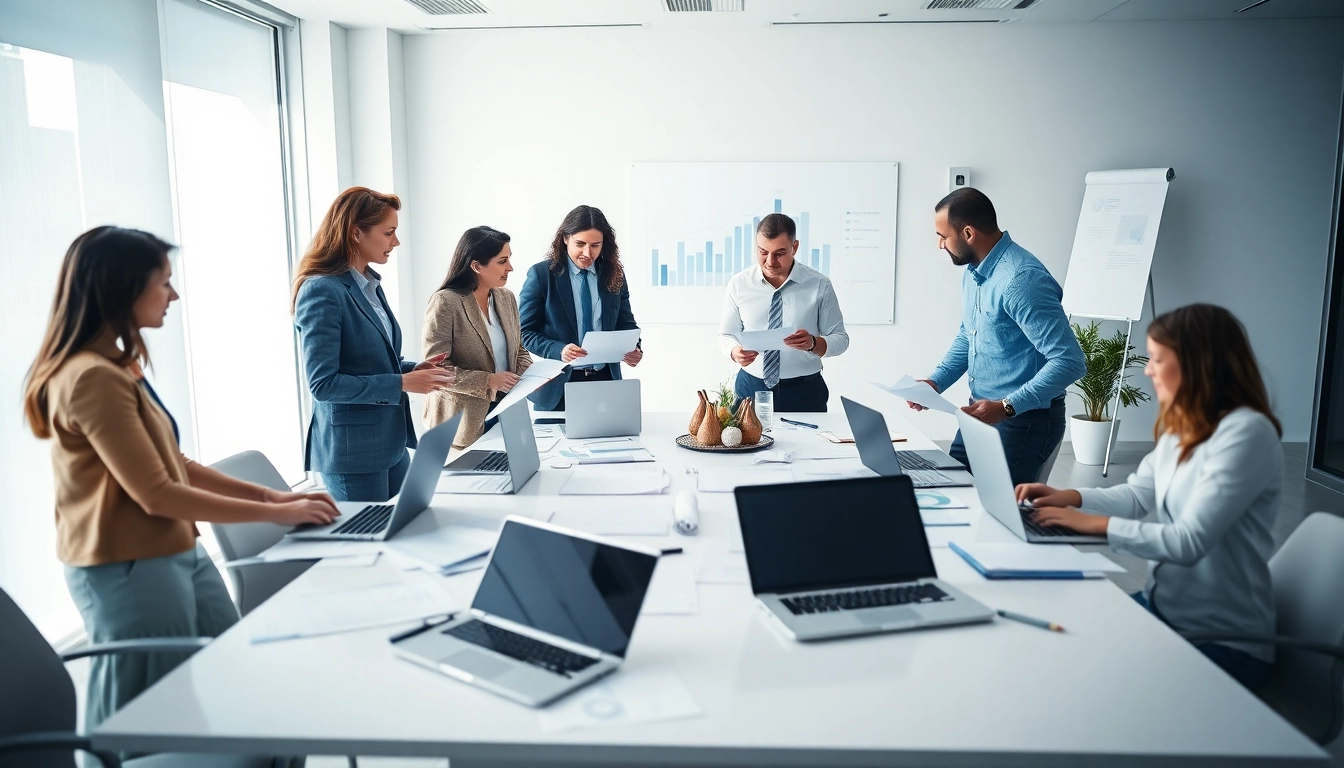 Quickplus Business Consultants team actively collaborating in a modern office environment.