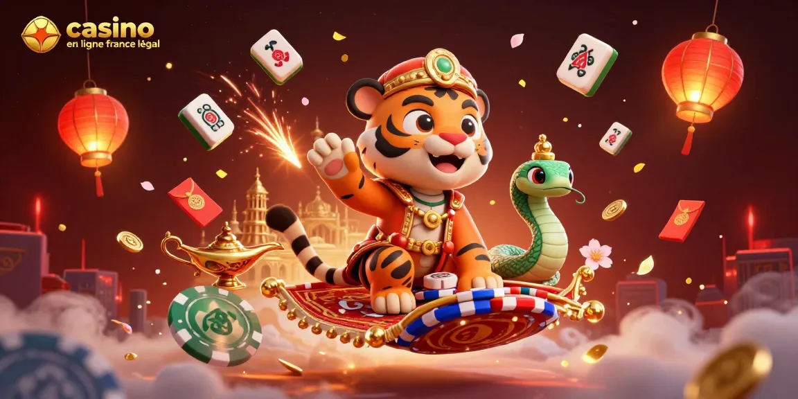 Illustration captivante représentant le sultan tigre et le génie serpent autour des jeux de casino en ligne France légal, symbolisant l'excitation du jeu.