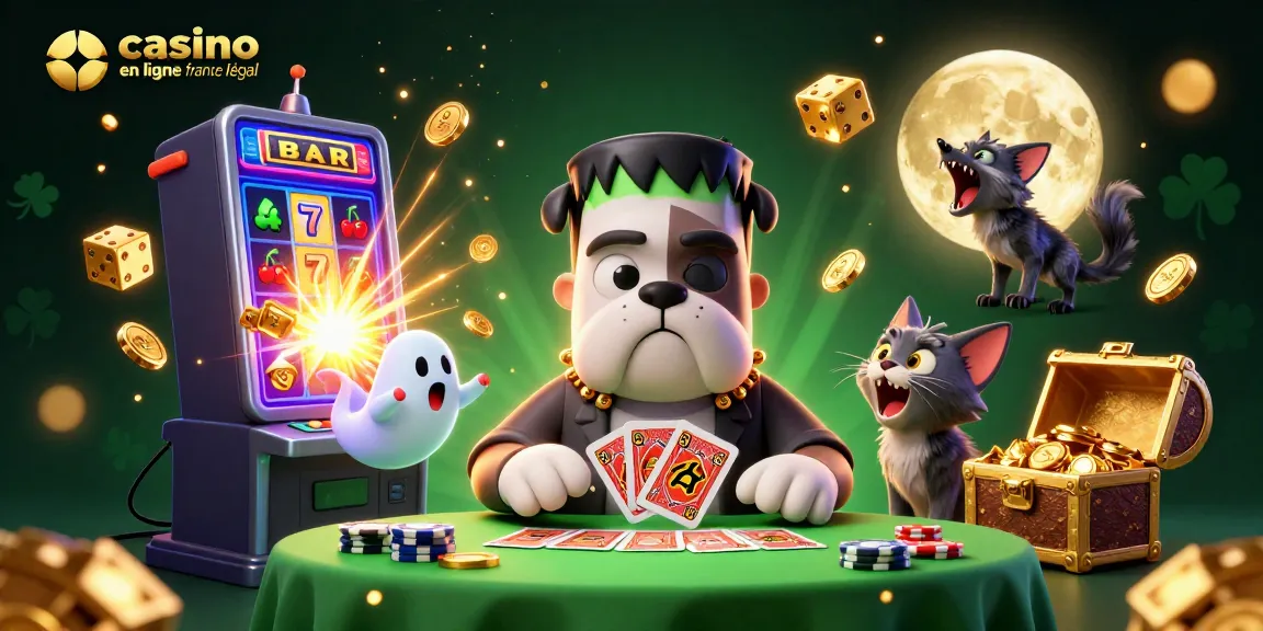 Illustration d'un bulldog Frankenstein et une souris fantôme dans un casino en ligne France légal.