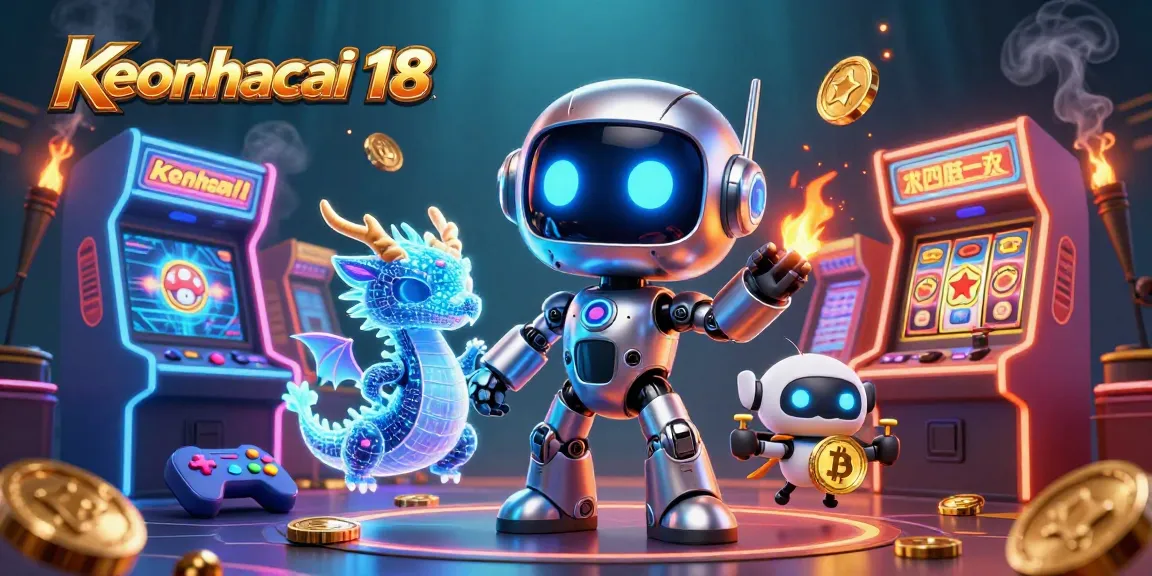 Engage with the vibrant keonhacai 18 casino-themed illustration showcasing a cyberpunk robot and Bitcoin.
