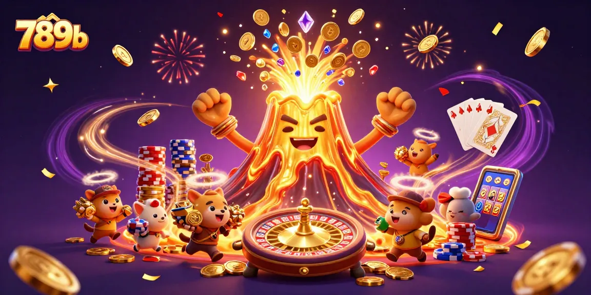Experience exhilarating game action with 789b, featuring a golden volcano erupting coins and gems.