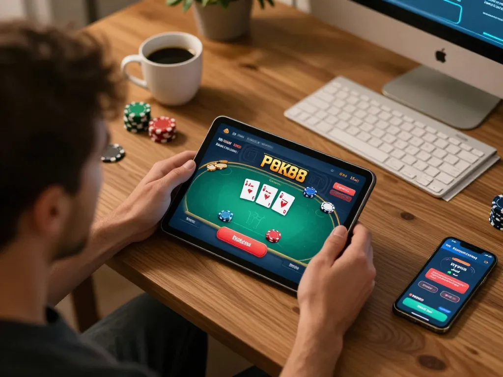 Engaging gameplay on Poker88 mobile app, player strategizing poker moves in a cozy home setting.