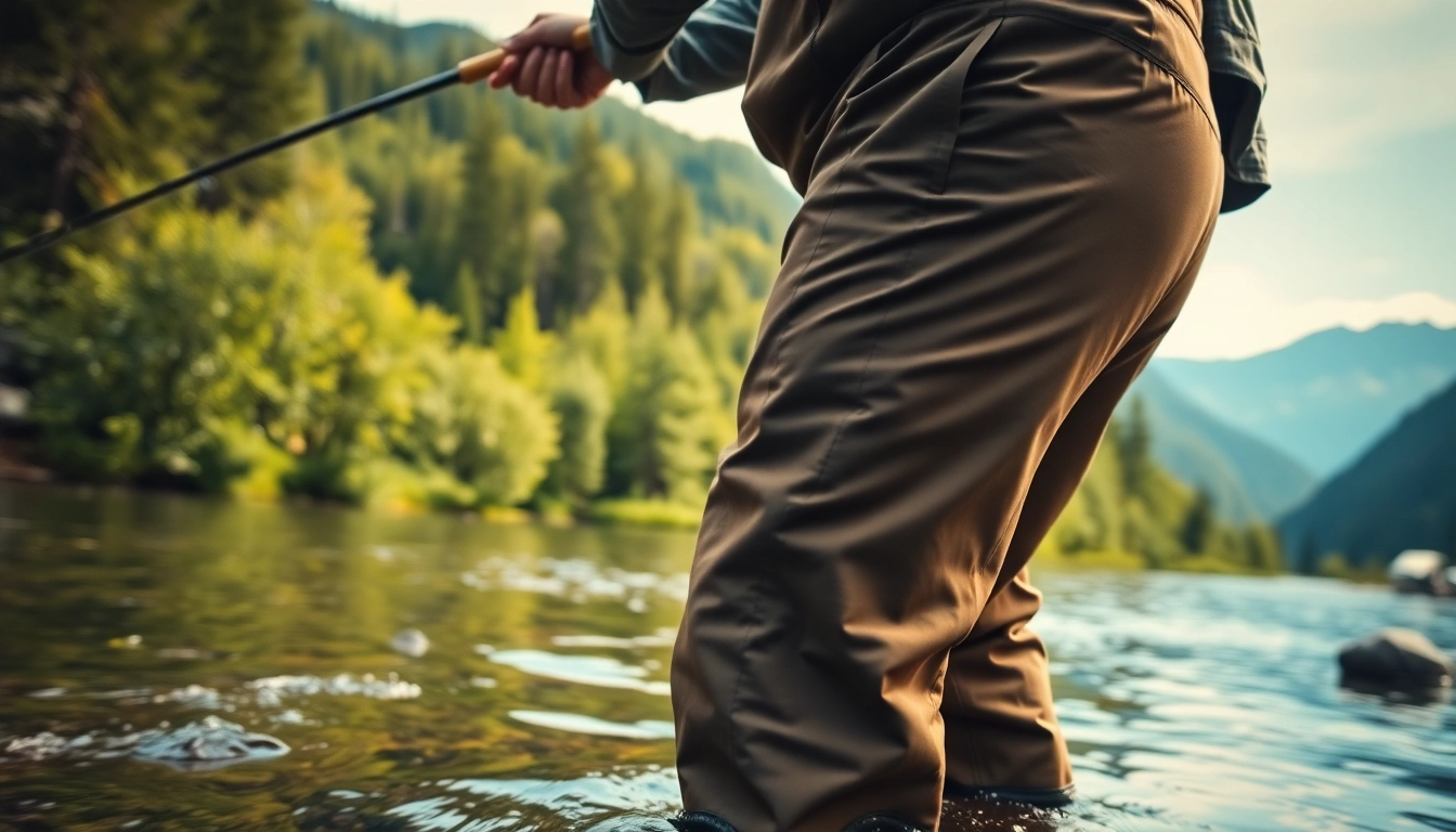 Fly fishing waders worn by an angler casting a line in nature's calm environment.