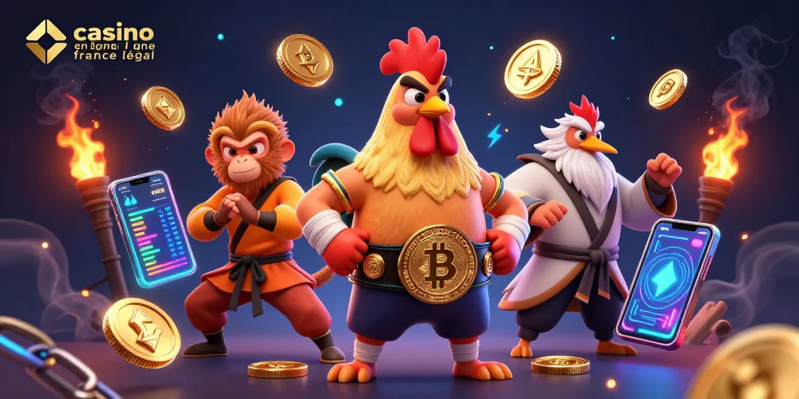Casino en ligne légal en France : illustration 3D de mascottes de combats avec crypto-monnaies vibrantes.