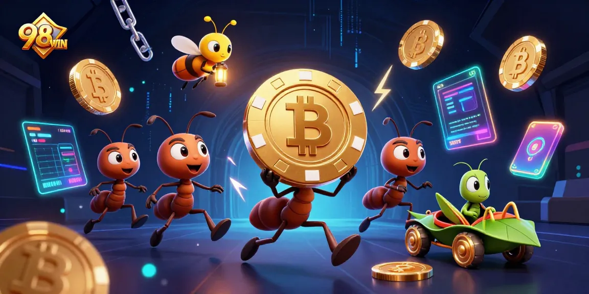 Experience thrilling gameplay with 98WIN as playful ants carry a giant poker chip in a lively casino scene.