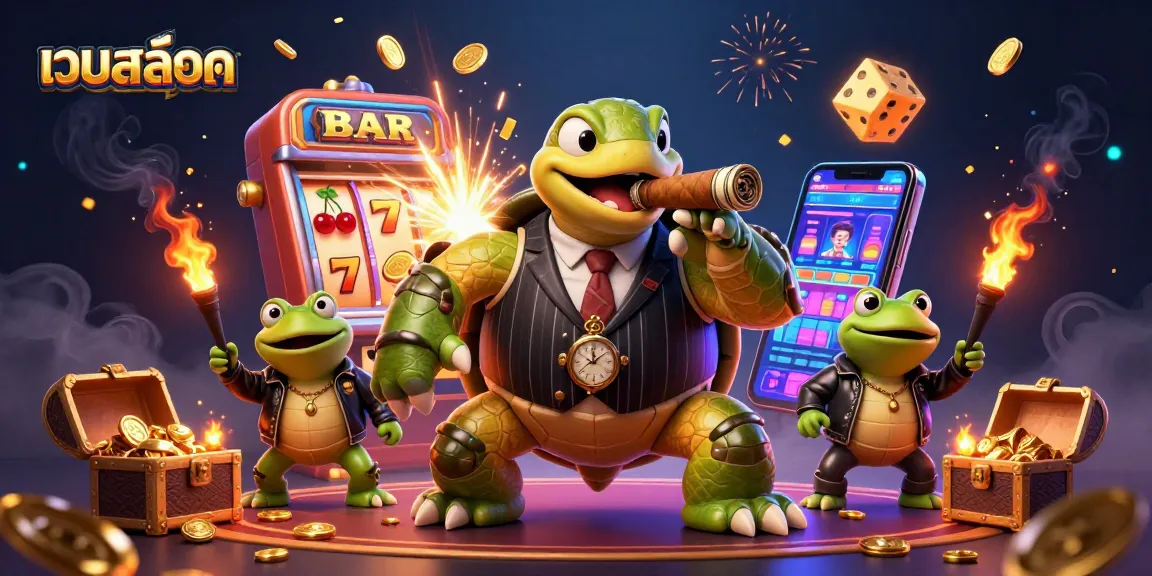 Experience เว็บสล็อต excitement with a lively casino scene featuring a turtle mobster and dynamic game elements.