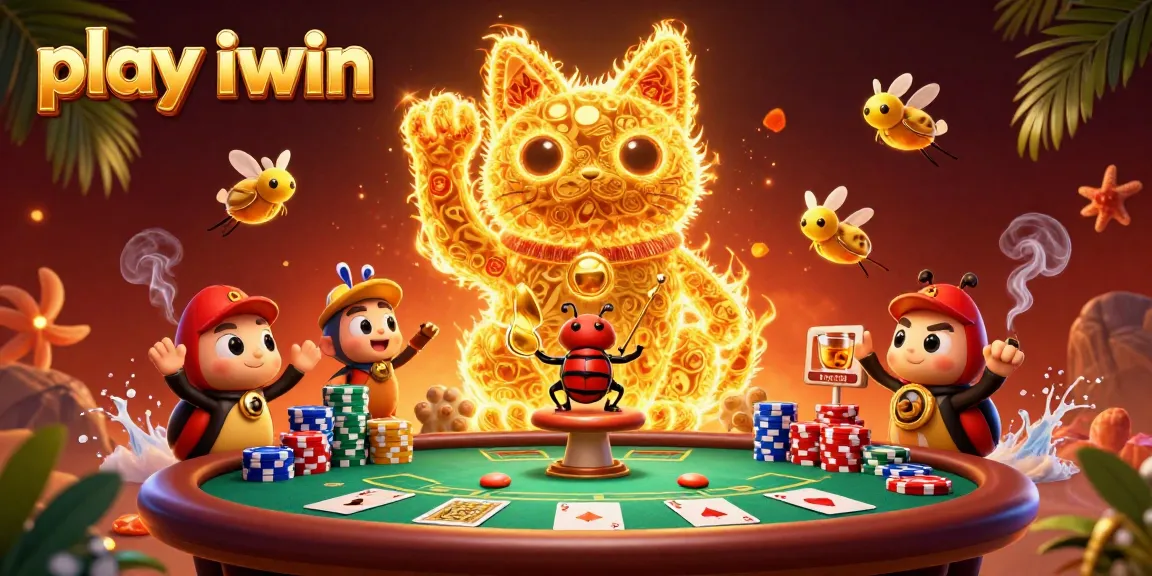 Play iwin to experience the vibrant world of casino fun with golden fireflies and poker elements.