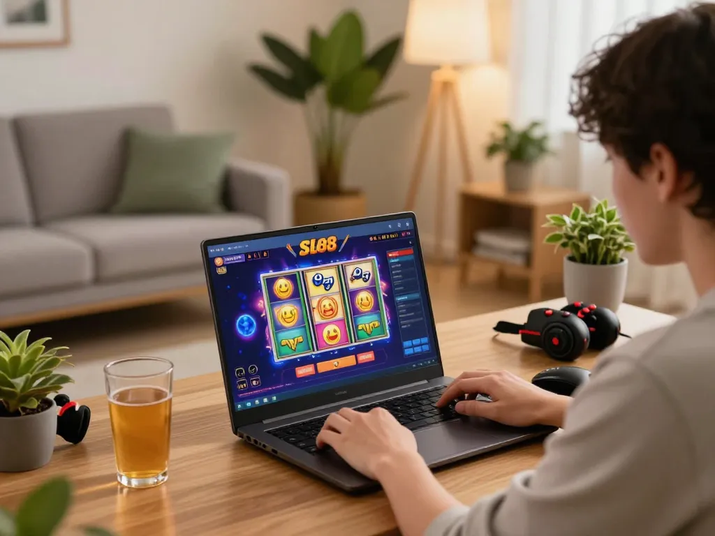 Player engaging with slot88 online gaming on a cozy desk setup, showcasing excitement and strategic gameplay.