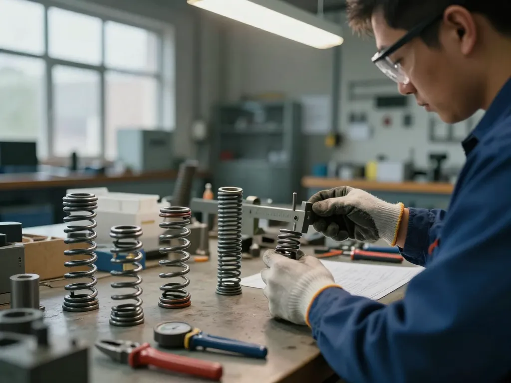 Tehnician asamblând arcuri ciur într-un atelier industrial aglomerat, concentrat pe precizie și măiestrie.