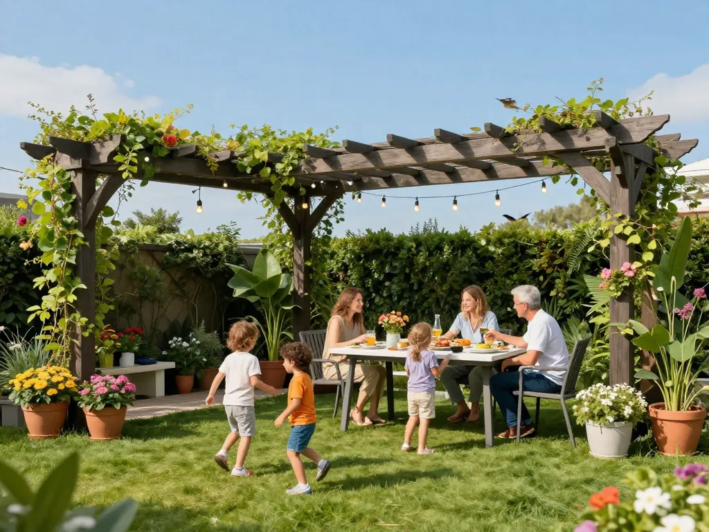 3D pergola configurator showcasing a stylish outdoor space for family gatherings with vibrant plants and a dining setup.