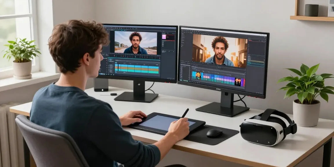 AI porn creation scene with person editing digital content and high-tech tools in a modern workspace.