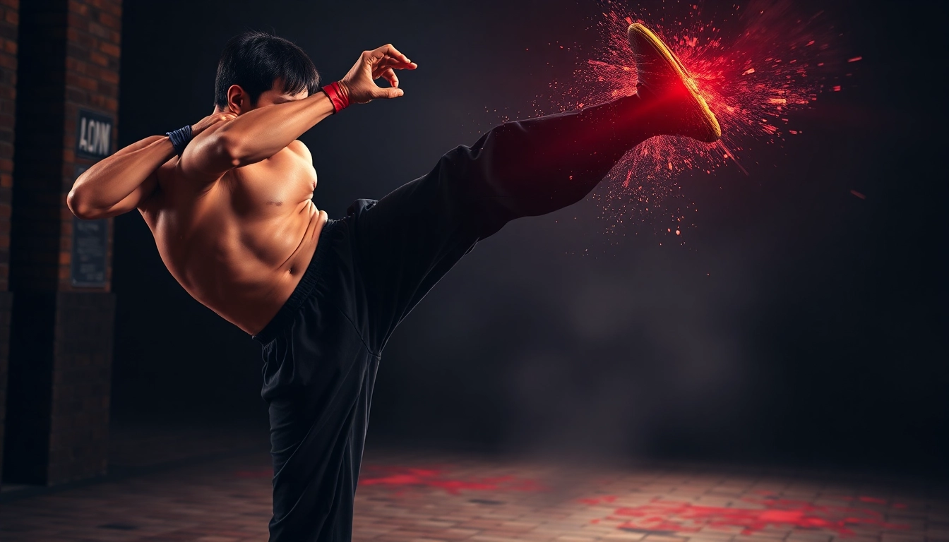 Martial Arts Thriller fighter executing a powerful kick in an urban setting.