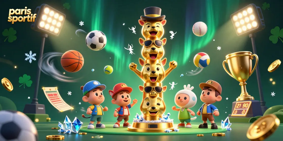 Les paris sportifs en action avec un totem animé entouré d'éléments de jeu dynamiques.